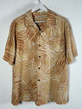 Tommy Bahama Mens Palm Print Silk Hawaiian Shirt XL Beige Button Up Short Sleeve